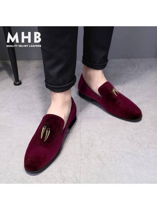 Men\'s Burgundy Velvet Penny Loafer Slip On Comfortable Party Classic Shoes main image 6